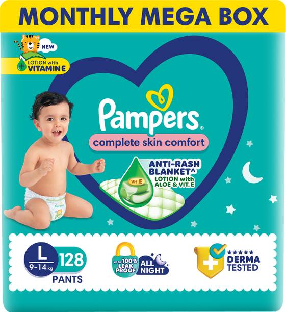 Pampers Complete Skin Comfort Pants, Anti-rash blanket, Lotion with VitaminE & Aloe Vera - L 128 Pieces