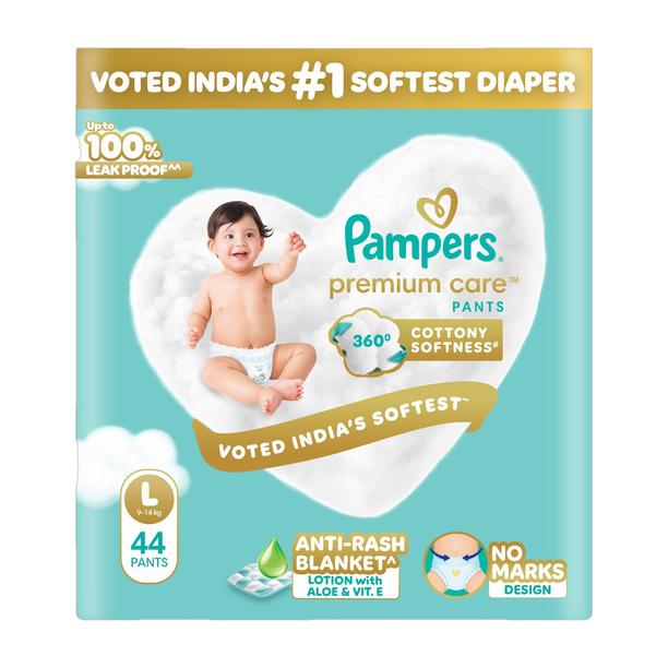 Pampers Premium Care Pants L 44 | No Marks | Indias Softest Diaper - L