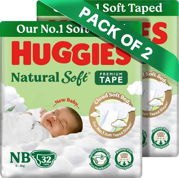 Huggies Natural Soft Premium Tape Diapers Newborn- Upto 5 kgs, NB (32X2) ,64 pcs Tape Diapers - New Born