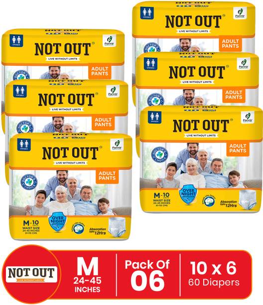 नॉट आउट Pant Style Adult Diaper | Waist Size 24-45 Inch | 12-Hr Protection & Odour Free - M