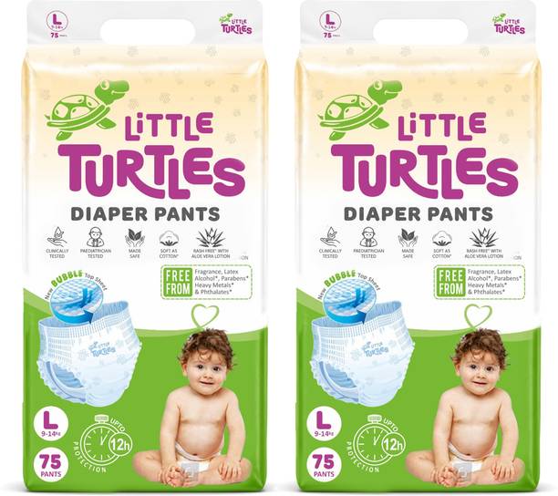 Little Turtles Baby Diaper Pants | Bubble Top Sheet | 12Hr Leak Protection | 9-14 Kg Pant Diapers - L