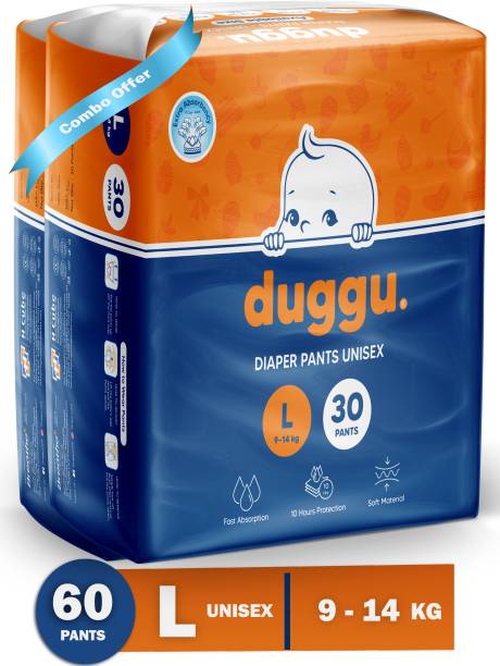 Duggu Baby Diapers Pants | UP to 10 hrs Absorption | 9 - 14 Kg | Large Pack 2 (30) - L