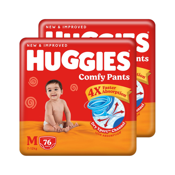 Huggies Comfy Baby Diaper Pants, Upto 50% Faster Absorption (76 X 2) - M