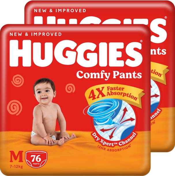 Huggies Comfy Baby Diaper Pants, Upto 50% Faster Absorption (76 X 2) - M