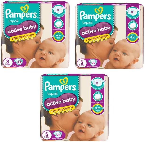 Pampers ACTIVE BABY TAPED DIAPERS SMALL S 22 +22+22 PACK OF 3 - S