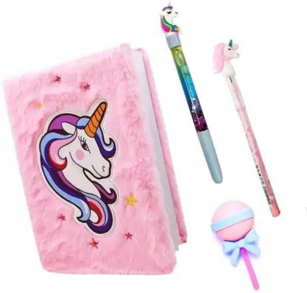 boombasket Combo-4Pcs Unicorn Fur Diary, Cute Eraser, Pen and Pencil School Stationery set A5 Diary Ruled 80 Pages