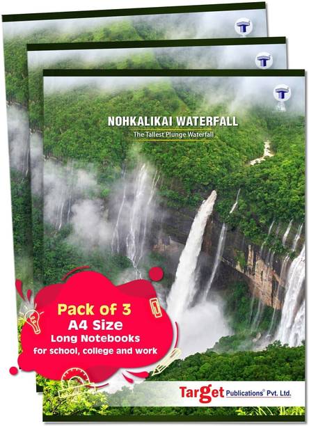 Target Publications Long Notebooks | Nohkalikai Waterfall | A4 Size | Copy | 21 x 29.7 cm | Set of 3 A4 Notebook Single Line 140 Pages