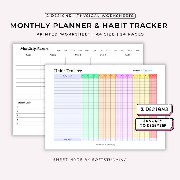 Himalayanknot Monthly Planner & Habit Tracker Set of 2 A5 Size A5 Planner Ruled 24 Pages