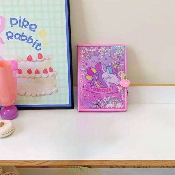 Giggles World Cute Glitter Unicorn Theme Lock Secret Diary With Key for Kids Regular Diary 150 Pages