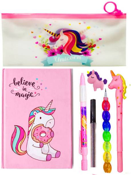 TITIRANGI Unicorn Stationery Gift for Kids Unicorn Collection Pencil Pouch Case for Girls A6 Notebook Unicorn Gift Hamper for Kids Unicorn Pouch &amp; All Stationeries Birthday Gift Set 80 Pages