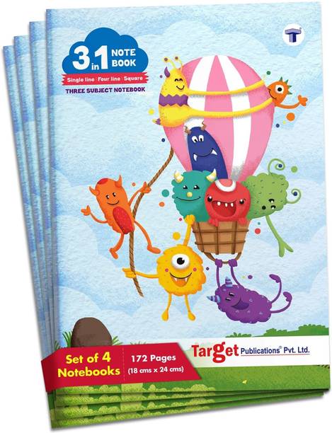 Target Publications 3 in 1 Notebook for Kids | Maths Square 9 MM, Single Line Notebook , Four Line Notebook | 172 Pages 18 x 24 cm Soft Bound | 58 GSM | Regular Notebook Single Line, Square & Four Lin