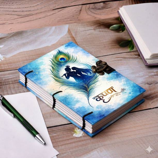 CRAFT & CREATION'S Handmade Digital Printed Diary, Krishna & Peacock Journal with Metal Lock, A5 Diary Unruled 200 Pages