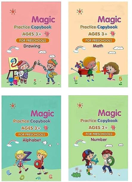 MHAX Copybook Sank Magic Practice Copybook for Kids, Reusable 4 BOOK WITH 10 REFILL Assorted Notebook Spiral 9 Pages