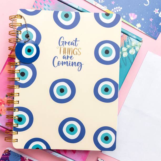Doodle Start Anytime of the Year | Undated B5 Planner with 200+ Stickers & Pocket Notebook | Evil Eye Charm - Ruled 268 Pages