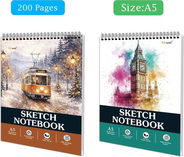 GO WOO A5 Sketch Book 50 Sheets Set of 2 - 5.8 x 8.3 Inch | Top Spiral-Bound Sketch Pad Sketch Pad
