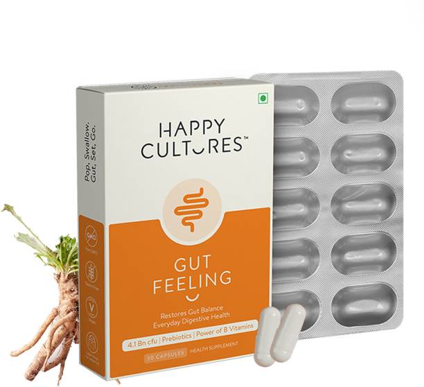 Velbiom Happy Cultures Gut Feeling Digestion Supplement Pack of 1, 30 Veg Capsules Unflavoured Capsules