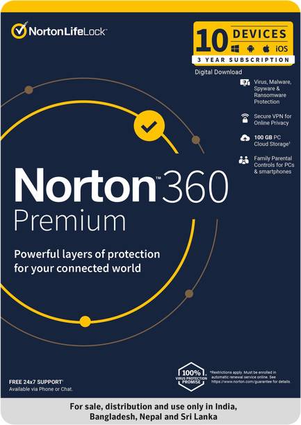 Norton 360 Premium 10 PC PC 3 Years Total Security Compatible with Mac, Android, iOS, Windows (Email Delivery - No CD)