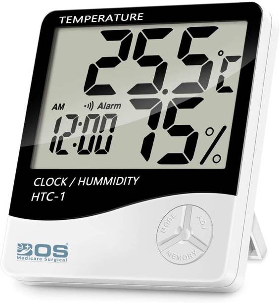 Bos Medicare Surgical HTC-1 Digital Room Temperature Thermometer with Hygrometer & Clock Temprature & Humidity Meter With Clock LCD Display for Indoor/Outdoor Room Thermometer