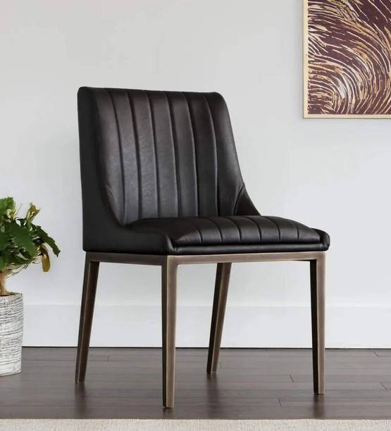 Radha Impex Modern Black Leather Upholstered Lounge Chair with Bronze-Toned Metal Frame Solid Wood Dining Chair