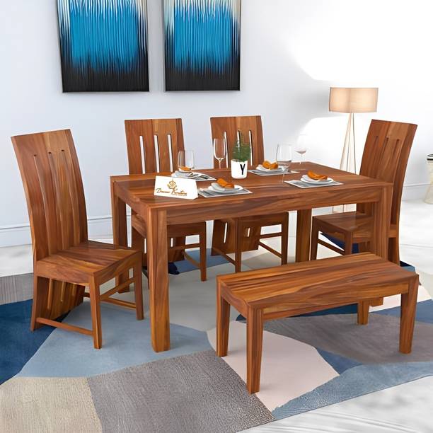 Douceur Furnitures Solid Sheesham Wood 6 Seater Dining Set With Bench For Dining Room / Restaurant. Solid Wood 6 Seater Dining Set