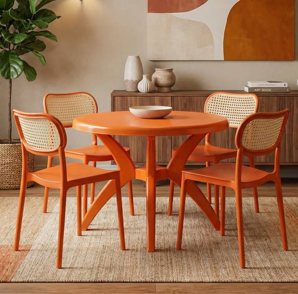 TrendyLivings Round Dining Table with 4 Chairs for Home, Balcony, Garden, Cafe, Restaurant Plastic 4 Seater Dining Set