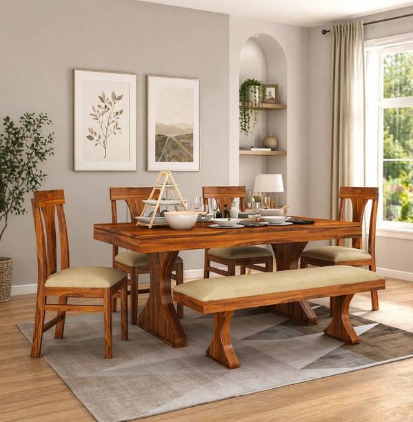 Ganpati Arts Sheesham 6 Seater Dining Set with Bench for Home/DiningHall/Hotel Solid Wood 6 Seater Dining Set