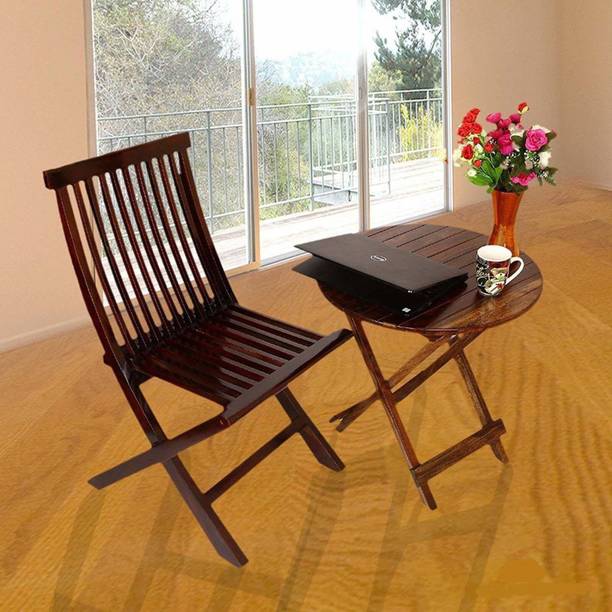 FLIPWOOD Solid Wood Set of Folding 1 Chair with 1 Round Table for Balcony Furniture Solid Wood 2 Seater Dining Set
