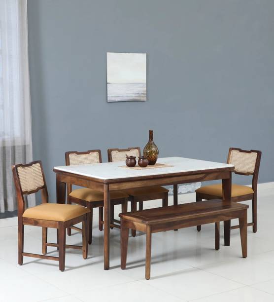 Worldwood Sheesham Wood 6 Seater Dining Set With Marble Finish Top & Bench Solid Wood 6 Seater Dining Set