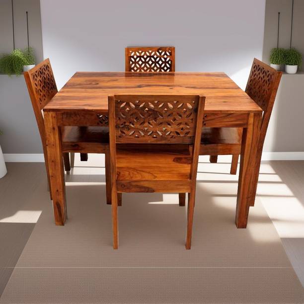 LOONART Solid Sheesham Wood Four Seater Dining Set CNC Design For Dining Room, Café. Solid Wood 4 Seater Dining Set