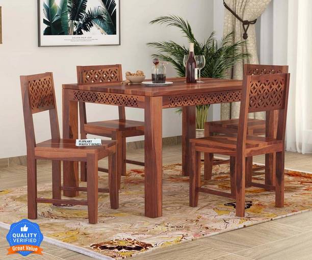 Flipkart Perfect Homes Sheesham Wood Four Seater CNC Designed Dining Set For Dining Room/ Restaurant || Solid Wood 4 Seater Dining Set