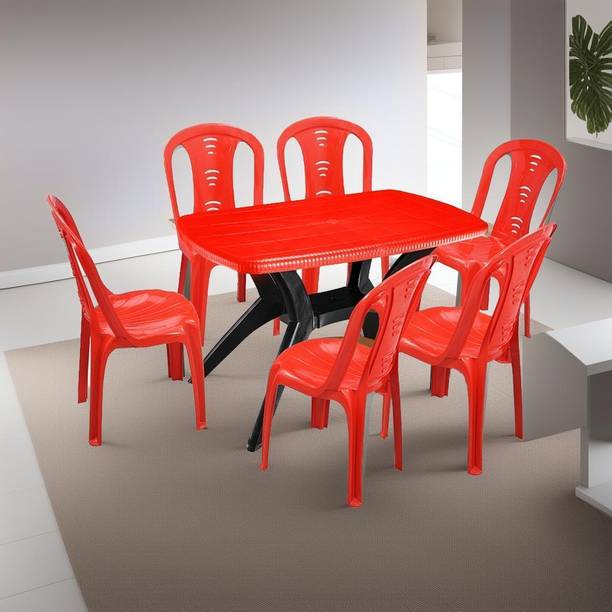 swagath furniture 6 Seater Dining Table Set for Home Garden Cafeteria Plastic 6 Seater Dining Set