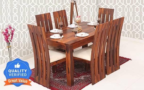 Custom Decor Solid Wood Foaster Dining Table Set Natural Teak Finish Solid Wood 6 Seater Dining Set