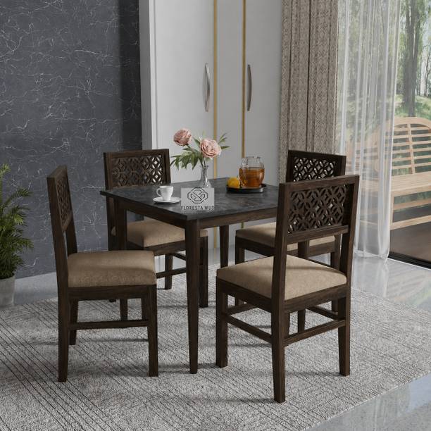Floresta Wud Volcano Marble Solid Wood 4 Seater Dining Table Set With Engineer Wood Table Top Solid Wood 4 Seater Dining Set