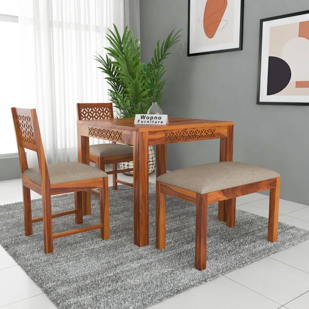 Wopno Furniture Sheesham Wooden 2 Cushioned Chairs with 1 Bench Dining Table Set for Dining Room Solid Wood 3 Seater Dining Set