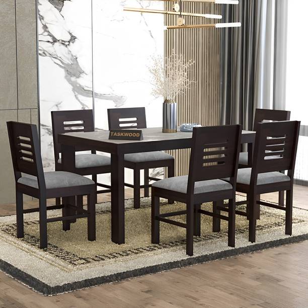 Taskwood Furniture Solid Wood Grey Marble Top Finish Six Seater Dining Set For Dining Room Solid Wood 6 Seater Dining Set