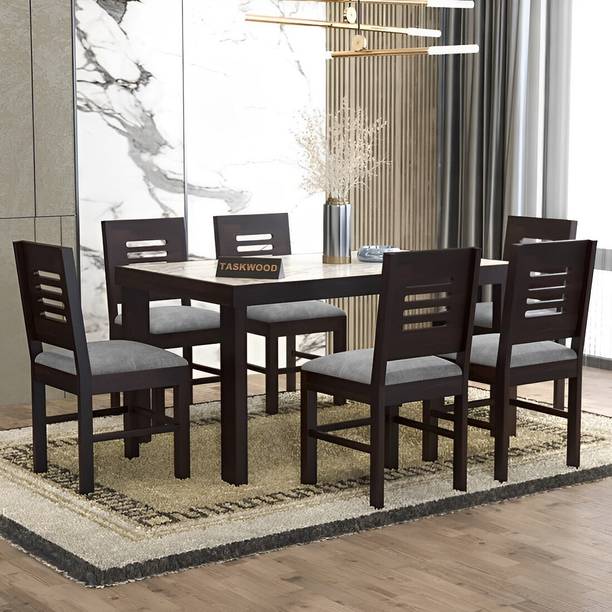 Taskwood Furniture Solid Wood White Marble Top Finish Six Seater Dining Set For Dining Room Solid Wood 6 Seater Dining Set