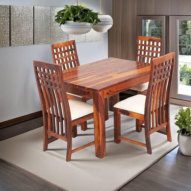Deuba Sheesham Wood Wooden Dining Set 4 Seater | Dining Table with 4 Chairs | Dining Room Furniture White Cushions | Natural Honey Finish (Design 4) Solid Wood 4 Seater Dining Set