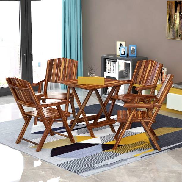 FLIPWOOD Wooden 4 Seater Folding Chair and Table Set for Dining Room Balcony Cafe Solid Wood 4 Seater Dining Set