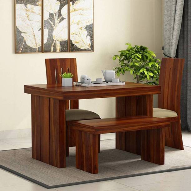 PR FURNITURE Premium Quality Sheesham Wood Four Seater Dining Table Set With Two Chair One Bench For dining room and Restaurant Finish :- Honey Finish Solid Wood 4 Seater Dining Set
