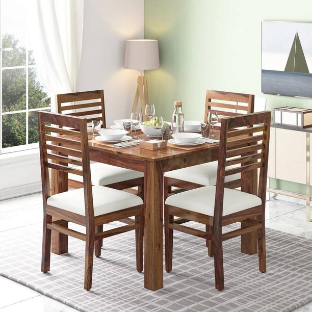 PR FURNITURE Premium Quality Sheesham Wood Four Seater Dining Table Set With Four Chair For dining room and Restaurant Finish :- Natural Finish | Cushion :- Off White Solid Wood 4 Seater Dining Set