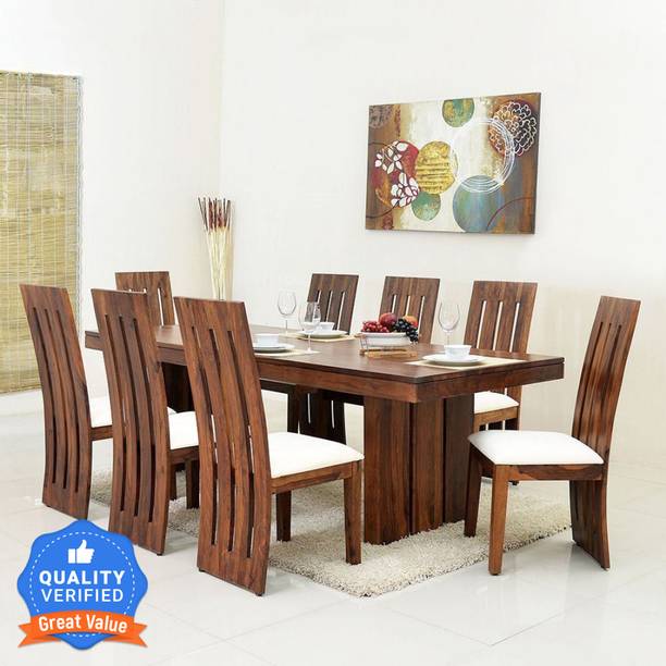 LOONART Solid Wood Eight Seater Dining Set For Dining Room / Restaurant Solid Wood 8 Seater Dining Set