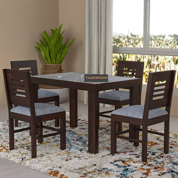 Taskwood Furniture Solid Wood Grey Marble Top Finish Four Seater Dining Set For Dining Room Solid Wood 4 Seater Dining Set