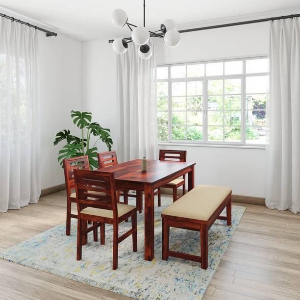 Worldwood Six Seater Dining Table Set with 4 Cushioned Chairs and 1 Cushioned Bench Solid Wood 6 Seater Dining Set