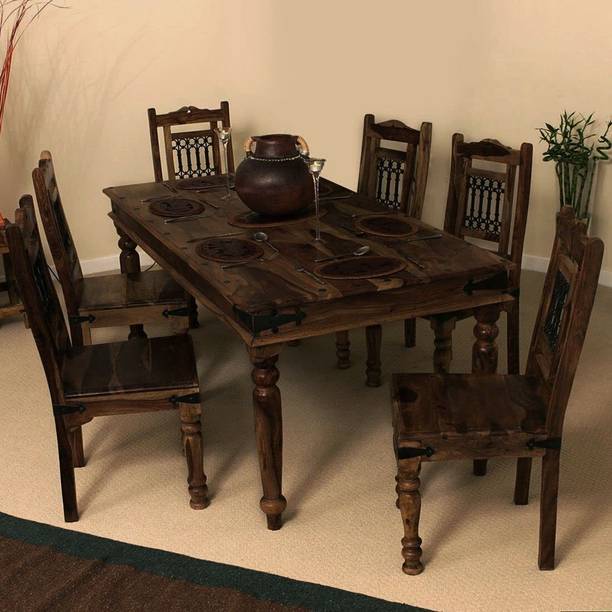 JeenWood Solid Wood Six Seater Jodhpuri Style Dining Set With Iron Jaali Solid Wood 6 Seater Dining Set