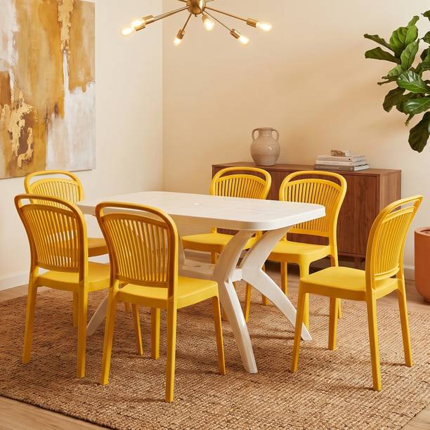 TrendyLivings Strong and Durable 6 Seater Dining Table Set for Home Garden Cafeteria Plastic 6 Seater Dining Set