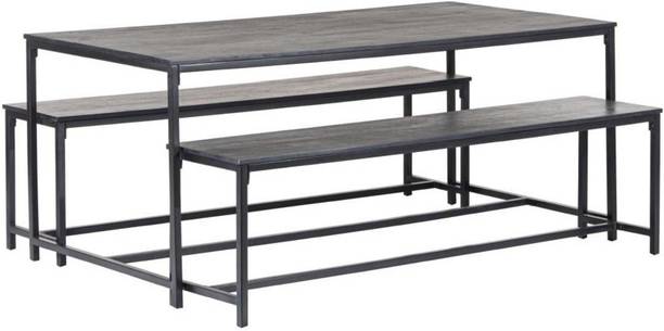 TIMBERTRIBE Dining Table and Bench Set, Brushed Charcoal & Black Mango Wood Solid Wood 8 Seater Dining Set