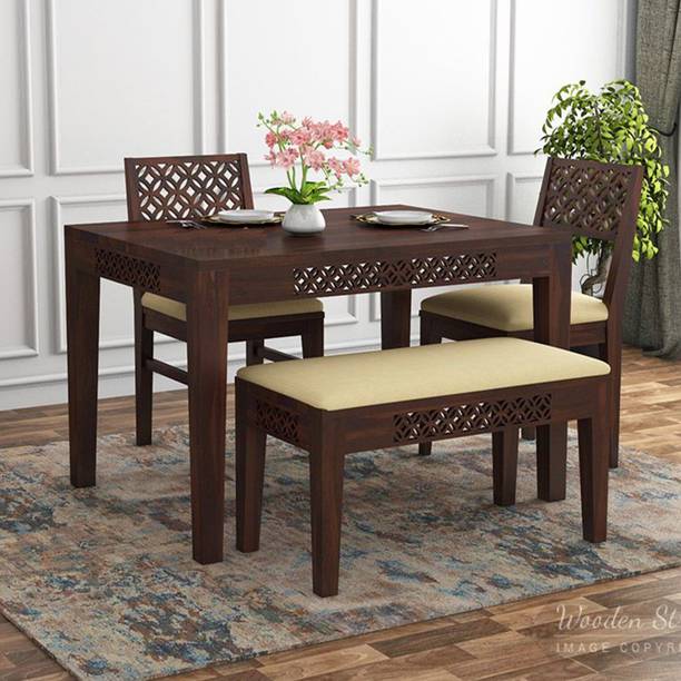 Mooncraft Furniture Dining Table with 2 Chairs & 1 Bench Solid Wood 4 Seater Dining Set