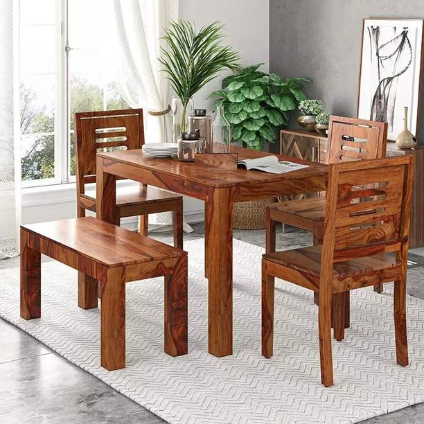 Worldwood Sheesham Wood Dining Table with 3 Chairs 1 Bench | 4 Seater Dining Set | Wooden Dining Table with Chair | Dining Room Furniture | Finish Color ;-Honey Finish Solid Wood 4 Seater Dining Set