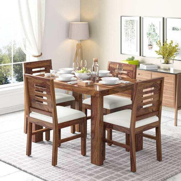 Devsignature Solid Wood Dining Table 4 Seater | Wooden Dining Table With 4 Chairs For Dining Room | 4 Seater Dining Table Set | Pure Sheesham, Teak Finish Solid Wood 4 Seater Dining Set