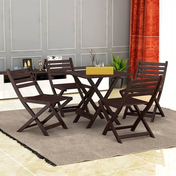 FLIPWOOD Wooden Folding 4 Chairs with Table for Outdoor Balcony Cafe Solid Wood 4 Seater Dining Set